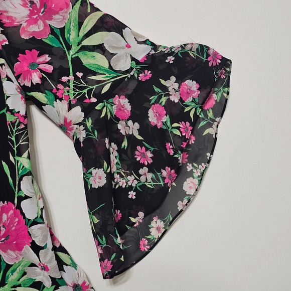 Kasper Woman Top Blouse 2X Black Floral Pink Pullover Crew Flutter Sleeves 0767 - Picture 5 of 13
